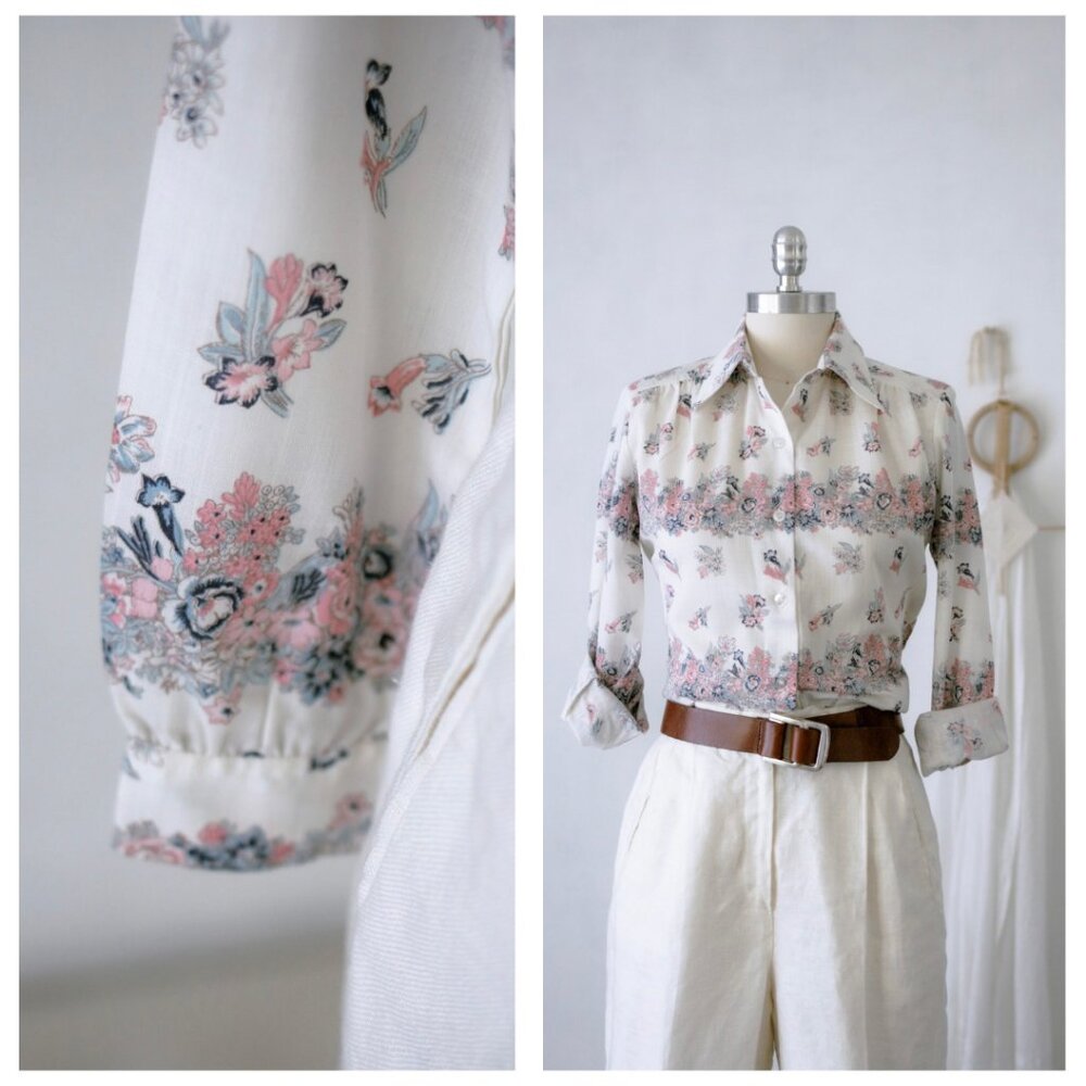 Vintage 70's 80's Floral Print Dagger Collar Button Up
